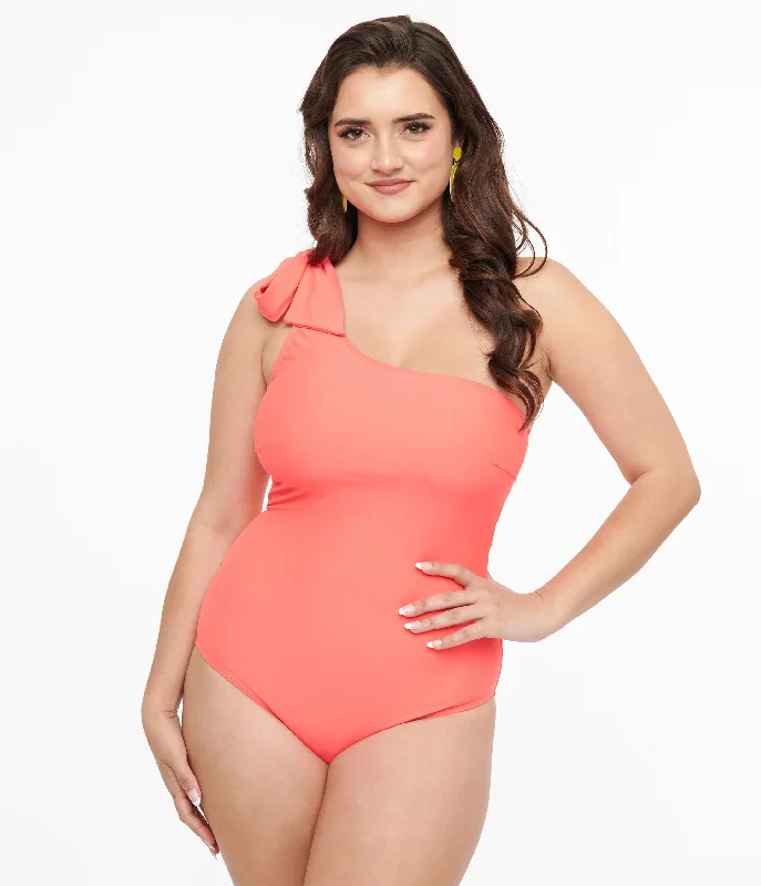 Plus - size women swimwear with full - coverage bottoms for comfort and confidenceCoral One Shoulder One Piece Swimsuit