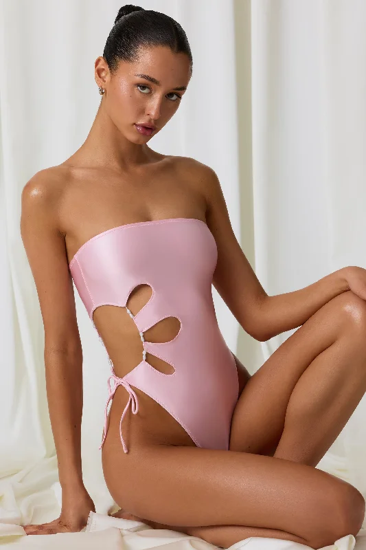 Printed floral women swimwear for a feminine and colorful beach vibePearl-Detail Cut-Out Bandeau Swimsuit in Soft Pink