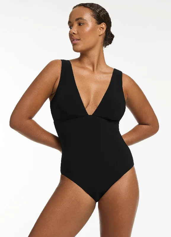 Long - sleeve women swimwear for extra sun protection and modestyJetset Plunge One Piece - Black