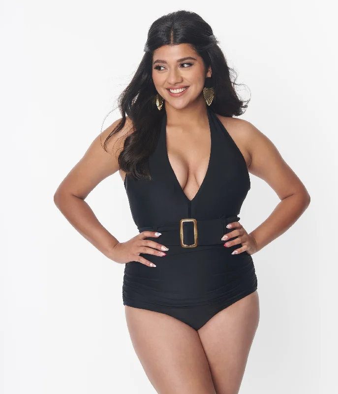 Plus - size women swimwear with full - coverage bottoms for comfort and confidenceUnique Vintage Black Belted Halter Swimsuit