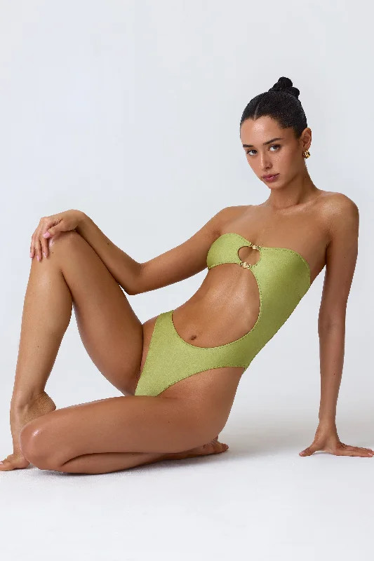 Metallic women swimwear with a shiny finish for a glamorous poolside lookEmbellished Cut-Out Bandeau Swimsuit in Pear Green