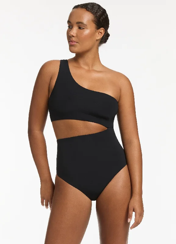 Convertible women swimwear that can be worn in multiple styles for versatilityJetset One Shoulder One Piece - Black