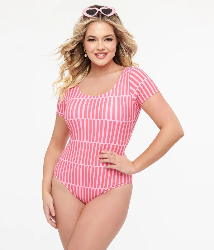 Rash - guard women swimwear for sun protection during water sportsPink Stripe Sleeved One Piece Swimsuit