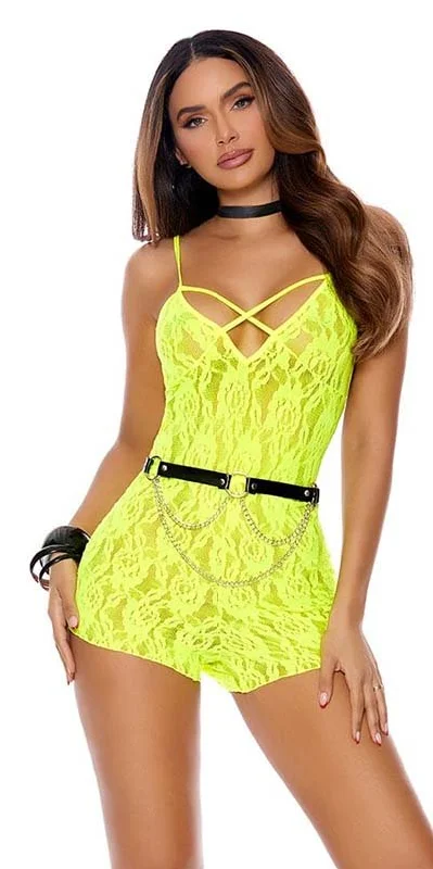 Plus - size women swimwear with full - coverage bottoms for comfort and confidenceSexy Neon Lace One Piece Romper