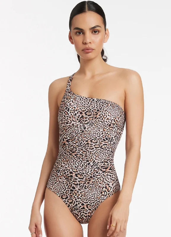 Metallic women swimwear with a shiny finish for a glamorous poolside lookAnimale One Shoulder One Piece - Cream