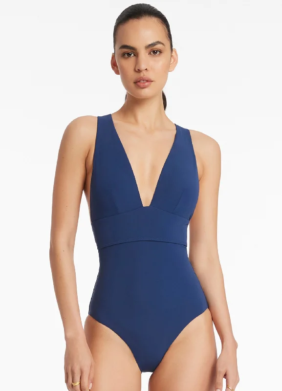 Long - sleeve women swimwear for extra sun protection and modestyJetset Plunge Tie Back One Piece - Pacific Blue