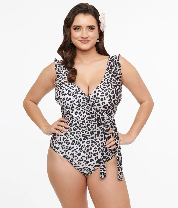 Striped women swimwear with a classic pattern for a timeless beach lookCheetah Print Wrap One Piece Swimsuit