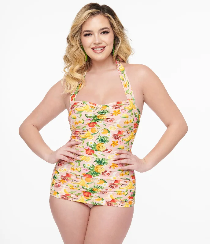 Convertible women swimwear that can be worn in multiple styles for versatilityEsther Williams 1950s Light Pink & Fruit Print One Piece Swimsuit