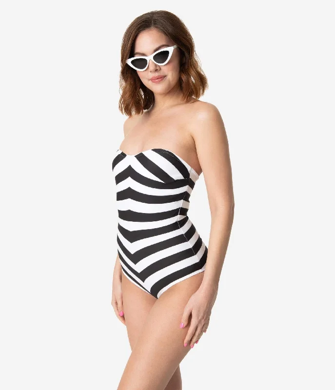 Printed floral women swimwear for a feminine and colorful beach vibeBarbieÂª x Unique Vintage Black & White Chevron Stripe One Piece Bathing Suit