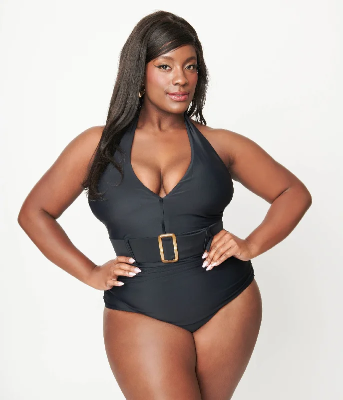 Ruched women swimwear with fabric gathers for a slimming effectUnique Vintage Plus Size Black Belted Halter Swimsuit