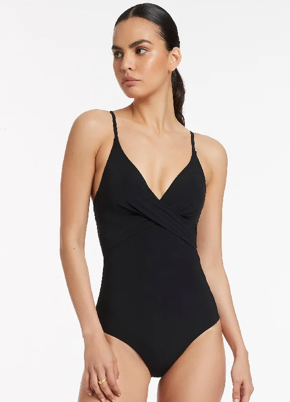 Sustainable women swimwear made from recycled materials for eco - conscious beachgoersJetset Cross Over Moulded One Piece - Black