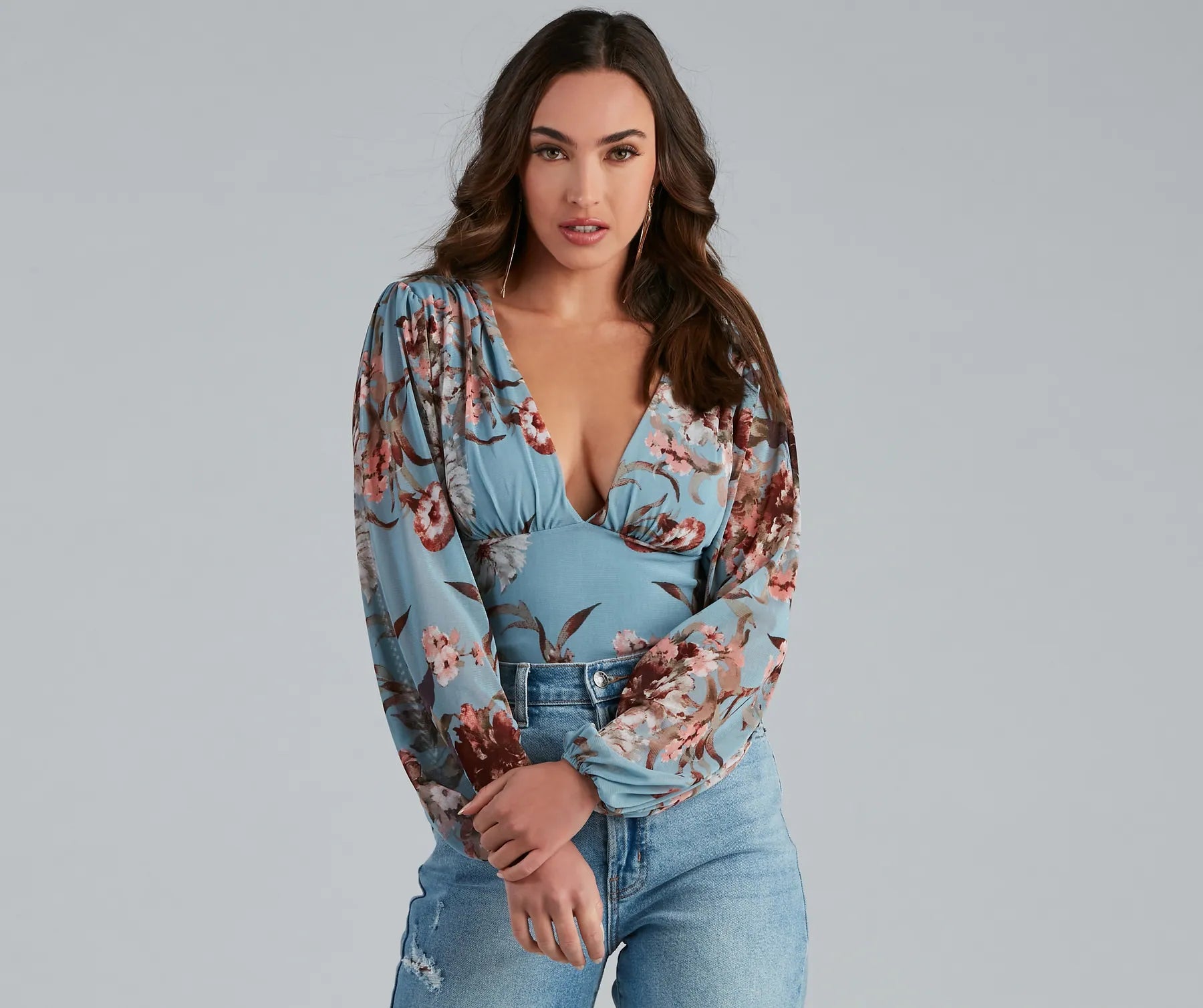 Wrap - Style Women Long Sleeve Top for a Versatile FitBlooming Chic Floral Bodysuit