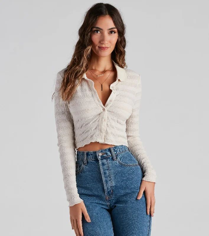 Cropped Women Long Sleeve Top to Pair with High - Waisted BottomsTrendy Knits Pointelle Crop Top