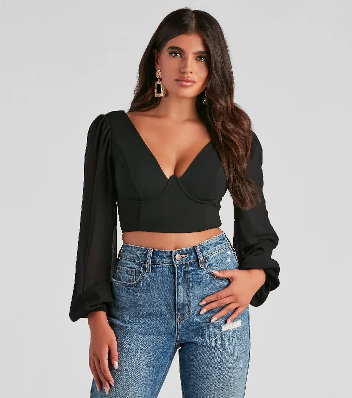 Ribbed Women Long Sleeve Top with a Textured AppealChic Look Chiffon Sleeve Crop Top