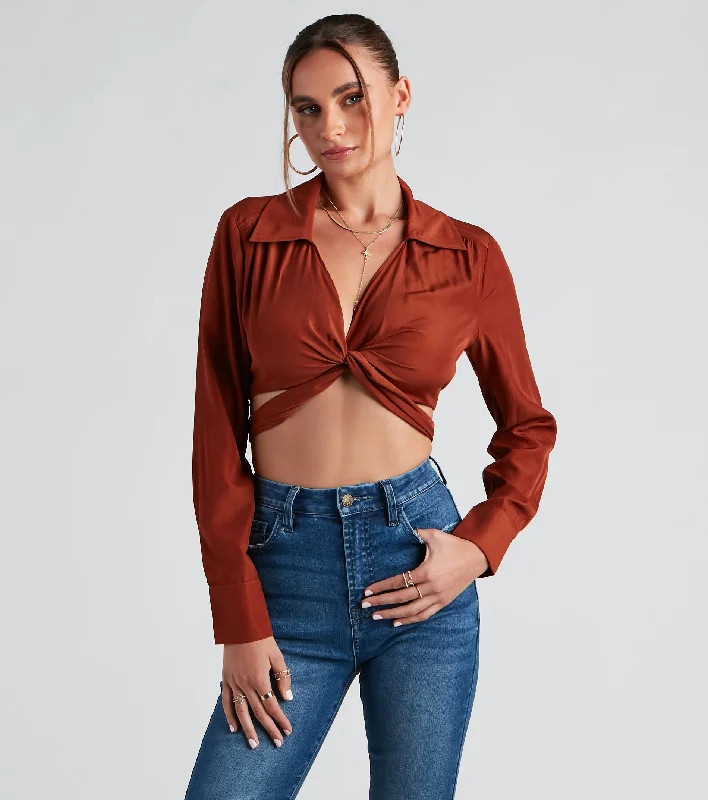 Button - Down Women Long Sleeve Top for a Classic StylePortrait Mode Tie-Front Poplin Top