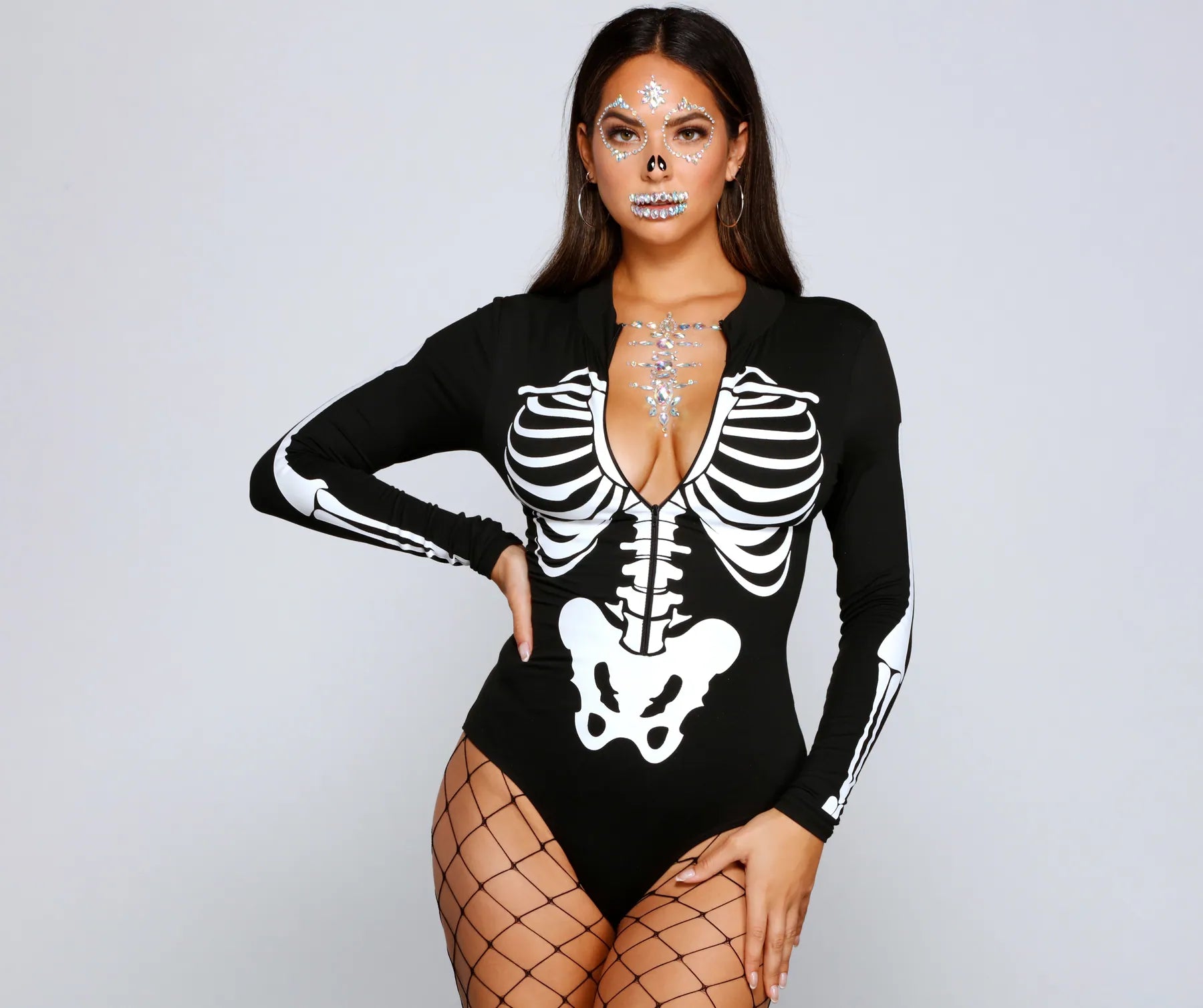 Printed Graphic Women Long Sleeve Top with a Bold StatementSpooktacular Skeleton Print Bodysuit