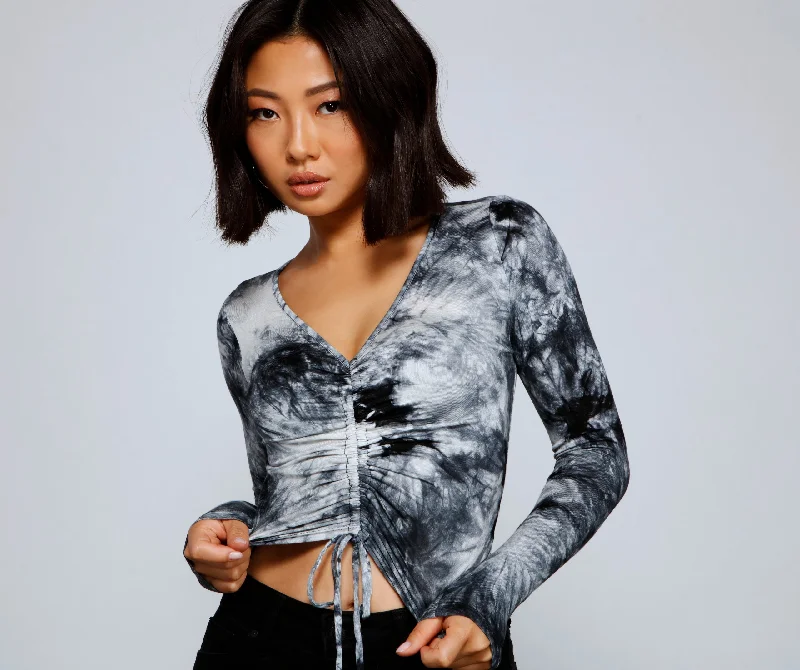 Ruffled Cuff Women Long Sleeve Top with a Feminine TouchSplash of Color Tie-Dye Crop Top