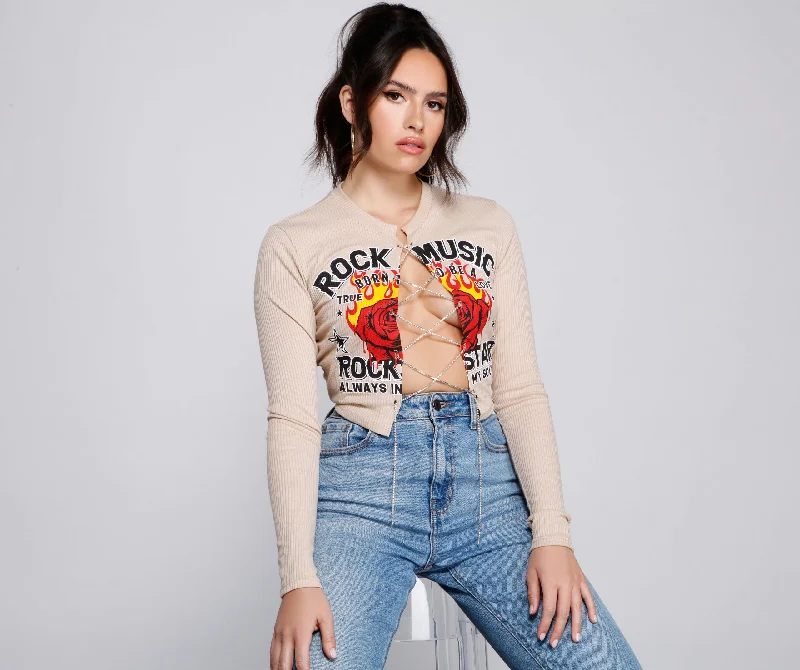 Ribbed Women Long Sleeve Top with a Textured AppealBorn To Rock Rhinestone Crop Top