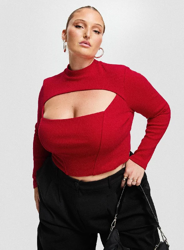 Cropped Women Long Sleeve Top to Pair with High - Waisted BottomsCathey Long Sleeve Corset Top Red Curve