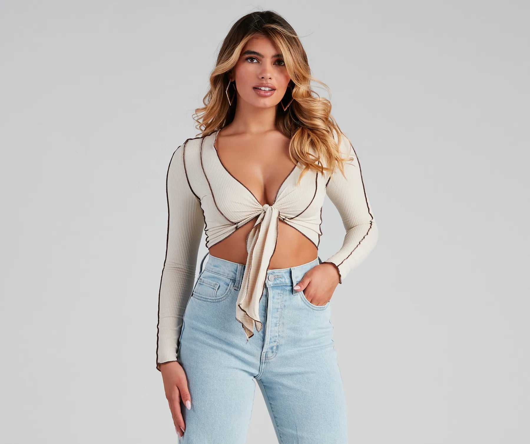 Plus Size Women Long Sleeve Top for a Flattering and Comfortable FitTrendy Ribbed Knit Tie-Front Top