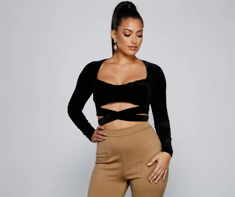 Ruffled Cuff Women Long Sleeve Top with a Feminine TouchA Trendy Look Velvet Crop Top