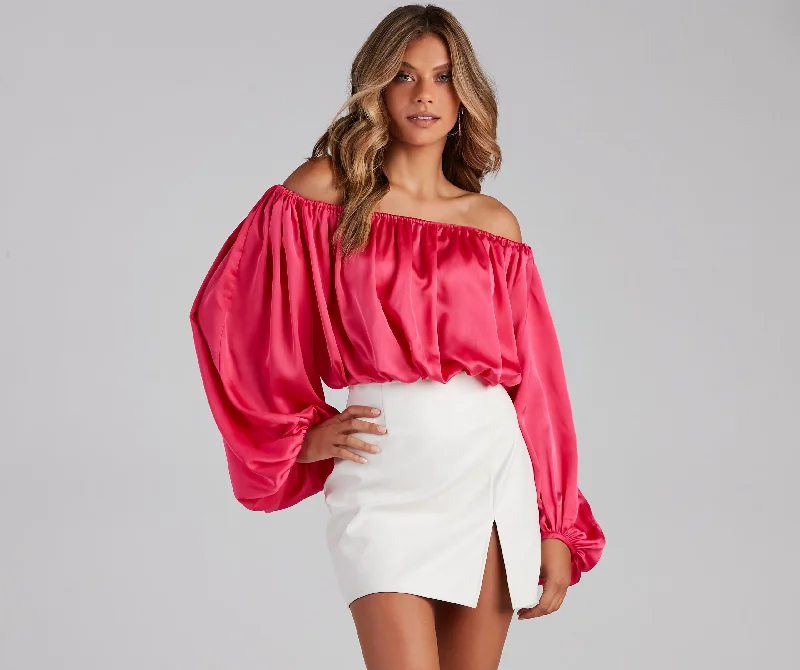 Organic Cotton Women Long Sleeve Top for Eco - Friendly ComfortLuxe Satin Off The Shoulder Top