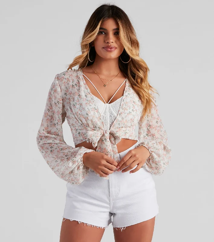 Lace - Trimmed Women Long Sleeve Top for an Elegant LookFloral Love Tie-Front Top