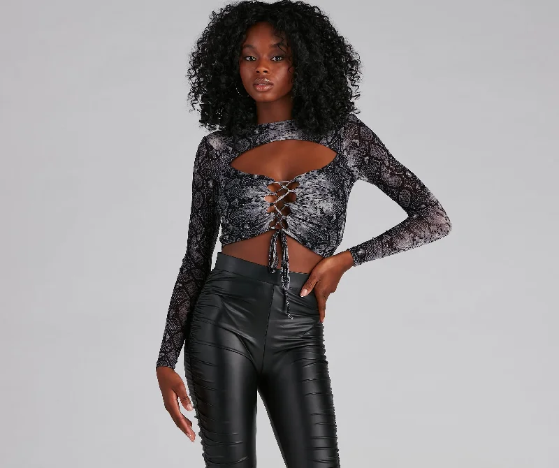 Printed Graphic Women Long Sleeve Top with a Bold StatementSnake It Mesh Lace-Up Top