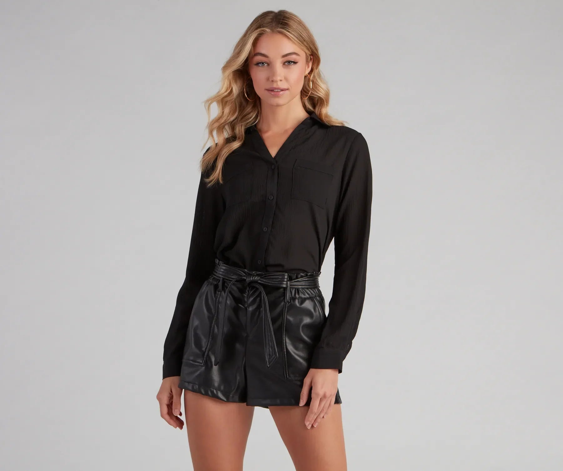 Ruffled Cuff Women Long Sleeve Top with a Feminine TouchChic Button-Down Chiffon Top