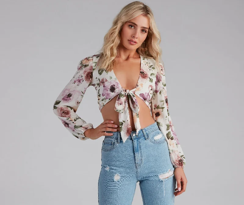 Ribbed Women Long Sleeve Top with a Textured AppealTie The Knot Floral Crop Top