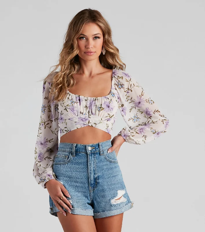 Mock Neck Women Long Sleeve Top for a Modern AestheticFloral Spree Chiffon Tie-Back Top