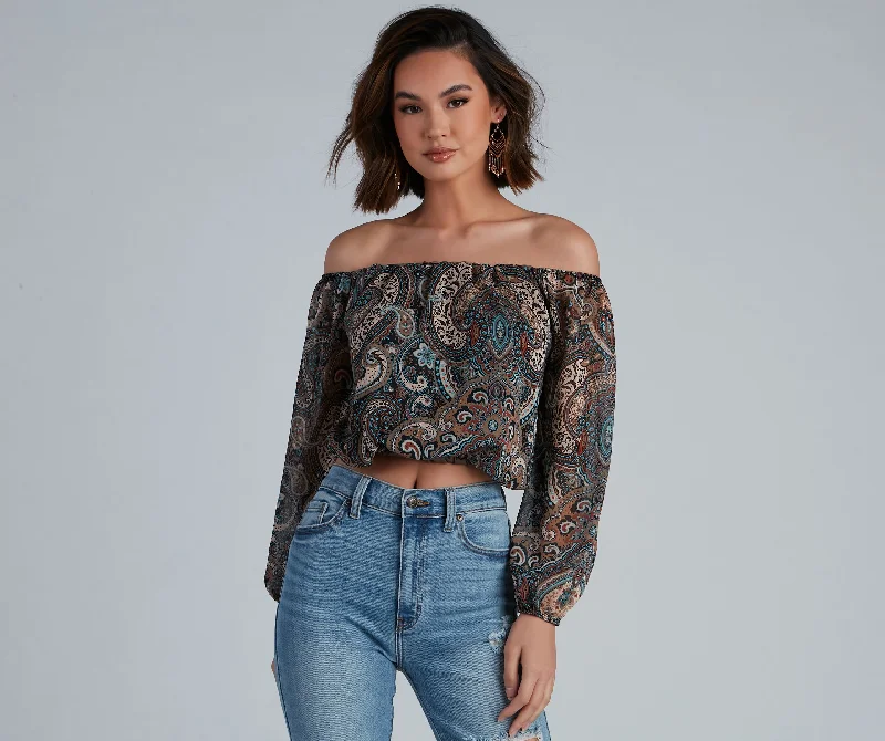 Pocket - Equipped Women Long Sleeve Top for Added FunctionalityCute In Paisley Off-The-Shoulder Blouse