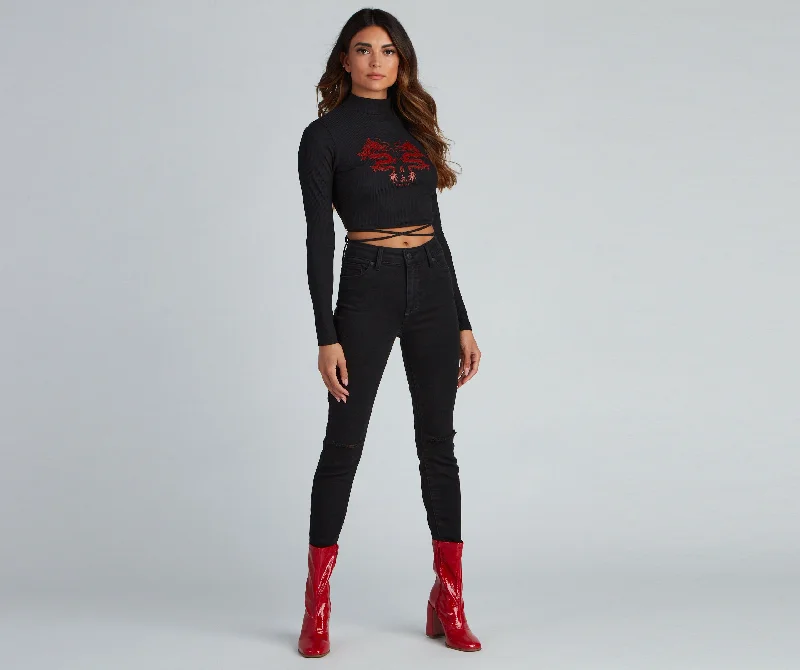 Metallic Accent Women Long Sleeve Top for a Glamorous LookBrave And Bold Dragon Lace Up Crop Top