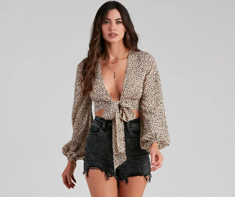 Lace - Trimmed Women Long Sleeve Top for an Elegant LookChase The Cheetah Tie-Front Top