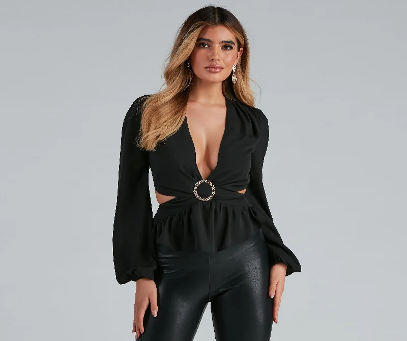 Metallic Accent Women Long Sleeve Top for a Glamorous LookMajor Plunge Cutout Top