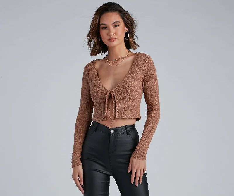 Cable - Knit Women Long Sleeve Top with a Cozy TextureEssential Ribbed Tie Front Top