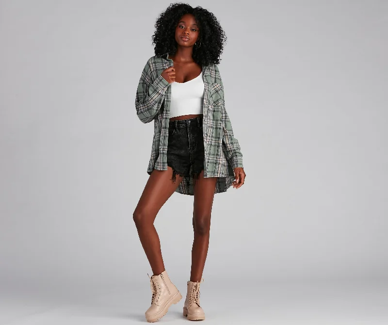 Cropped Women Long Sleeve Top to Pair with High - Waisted BottomsSo Chill Plaid Button-Up Tunic