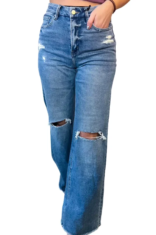 Embroidered women trousers with intricate details for a unique charmBecca Wide Leg Distressed Denim Jean In Blue