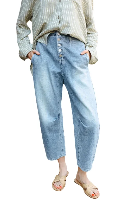 Denim women trousers for a durable and versatile optionDenim Button Barrel Jean In Light Wash