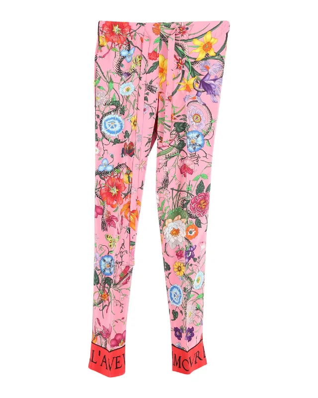 Wide - leg women trousers for a modern and elegant styleGucci Snake Flora Print Trousers in Pink Silk