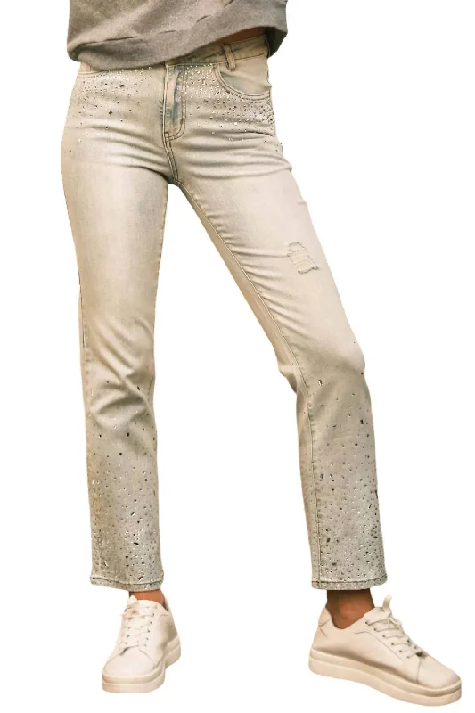 Straight - leg women trousers with a classic and timeless designHigh Waisted Rhinestone Embellishment Detail Denim In Light Wash