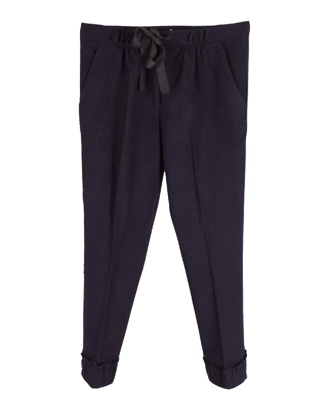 Embroidered women trousers with intricate details for a unique charmNina Ricci Slim Fit Garterized Pants in Navy Blue Wool