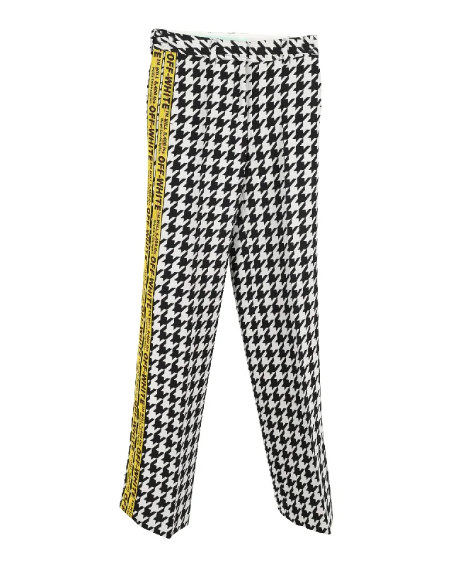 Denim women trousers for a durable and versatile optionOff-White Logo-Trimmed Houndstooth Pants in Black and White Wool