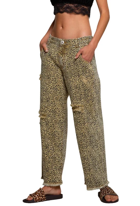 Tapered women trousers with a slimming effectWide Straight Leg Leopard Print Crop Vintage Denim In Mustard