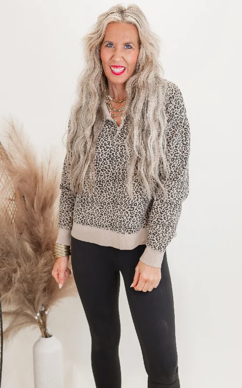 Striped Women Sweater with a Timeless Pattern1/2 Mock Neck Cheetah Pullover** - Final Sale