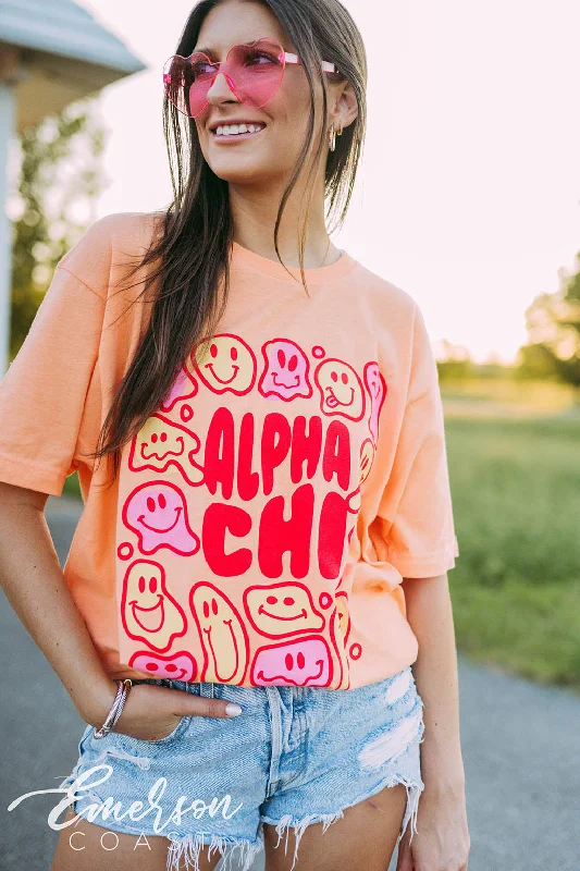 Distressed Women T Shirt with a Laid - Back AestheticAlpha Chi PR Smiley Face Tee