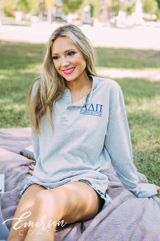 V - Neck Women T Shirt to Enhance the NecklineAlpha Delta Pi PR Greek Letter Long Sleeve Henley