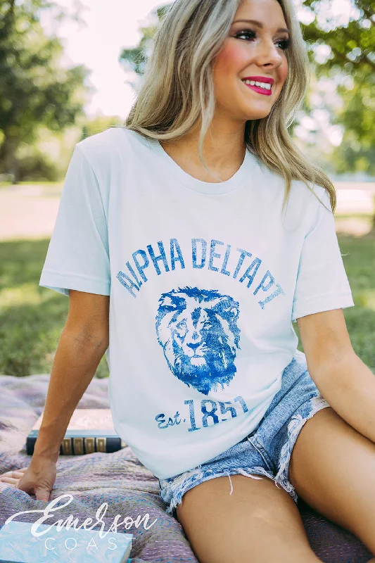 Pocketed Women T Shirt for Added FunctionalityAlpha Delta Pi PR Lion Head Tee