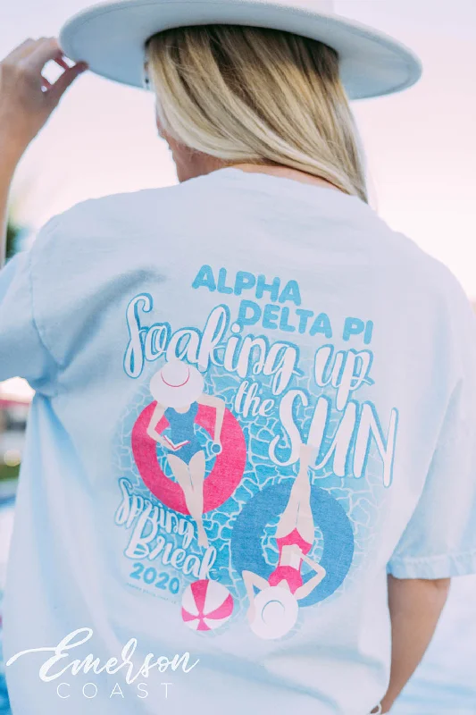 Graphic Print Women T Shirt for a Trendy StatementAlpha Delta Pi Spring Break Soaking Up The Sun Tee