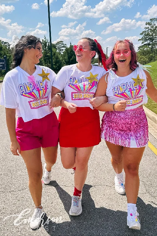 Distressed Women T Shirt with a Laid - Back AestheticAlpha Omicron Pi Marquee Letters Bid Day Tee